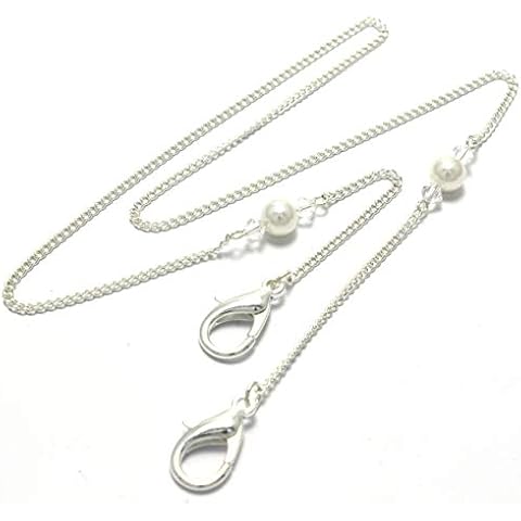 Brenda Elaine Jewelry Mask Necklace Holder with Pearl and Crystals, Womens Face Mask Accessories, Silver Mask Lanyard, Mask Chain, Large Lobster Clasp, Fits Most Masks, 3 mm Curb Chain Cover