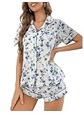 SHENHE Women's 2 Piece Pajama Set Bow Graphic Button Down Short Sleeve Lapel Shirt Pj Short Set Floral Blue Small