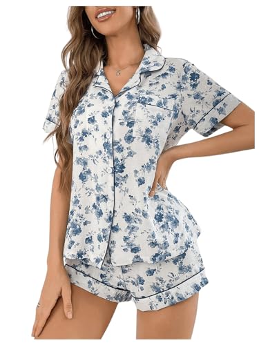 Image of SHENHE Women's 2 Piece Pajama Set Bow Graphic Button Down Short Sleeve Lapel Shirt Pj Short Set