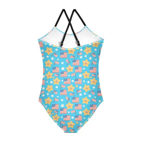 senya Girls Swimsuits One-Piece Swimwear Tie Bathing Suit Beach Summer Round Neck 7-8T Cartoon American Flag Stars Pattern2