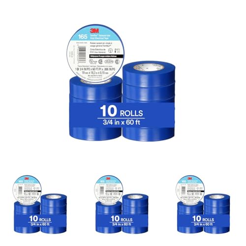 Image of 3M Temflex Multi-Purpose Vinyl Electrical Tape 165, Blue, 3 /4 in x 60 ft (19 mm x 18 m), 10 Roll Pack (Pack of 4)