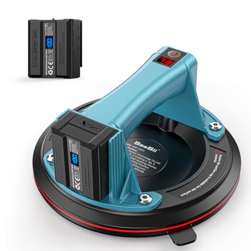 SEESII Electric Suction Cups for Glass, 600 LBS Max Load, 8" Heavy Duty Tile Suction Cups Lifter with 4X 2400mAh Batteries, Auto Start Pump, Display, for Lifting Large Glass, Tile, Granite,