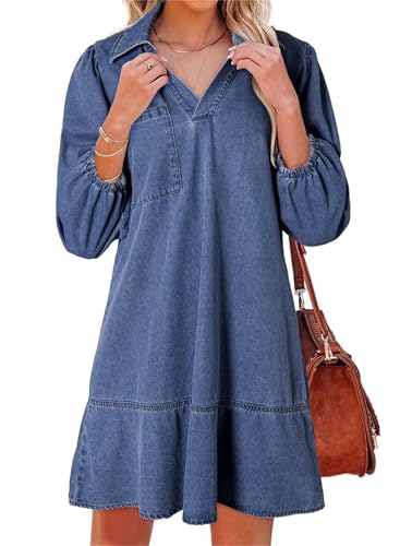 Women's V-Neck Puff Sleeve Denim Layered Dress, V Neck 3/4 Puff Sleeve Jean Dresses Women Fashion Fall Casual Babydoll A Line