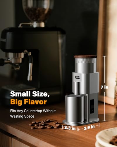 Image of SHARDOR All-Metal Single-Dose Coffee Grinder - Quiet DC Motor, Home-use Espresso Grinder, Burr Coffee Grinder, with 80 Settings and an LED Power Display,Silver