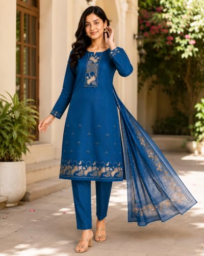Image of KD Women Embroidery Rayon Kurta Pant Set with Dupatta | Kurta Set for Women | Daily Office & Festive Traditional | Stylish Kurti Pant Set with Dupatta