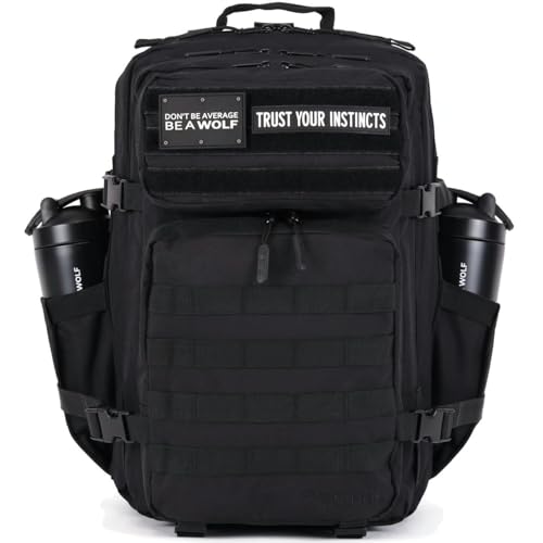 WOLFpak 45L Athletic Gym Backpack – Durable 1000D Waterproof Oxford Material with MOLLE Webbing, Laptop Pocket & Dual Cup Holders, Durable Fitness/Travel/Military Daypack (Alpha Black)