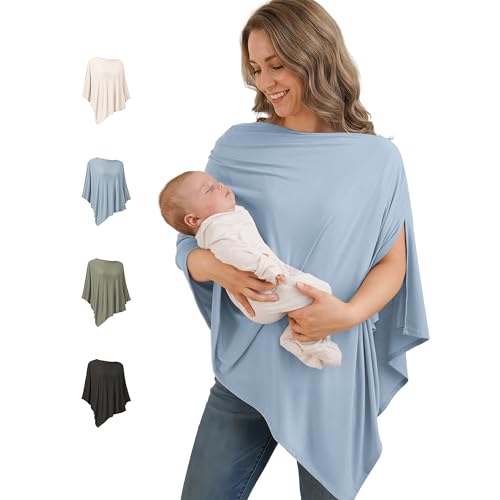 Image of Konssy Nursing Cover for Breastfeeding, 360° Full Privacy Breathable Breastfeeding Cover, Multi-use Carseat Canopy(Blue)