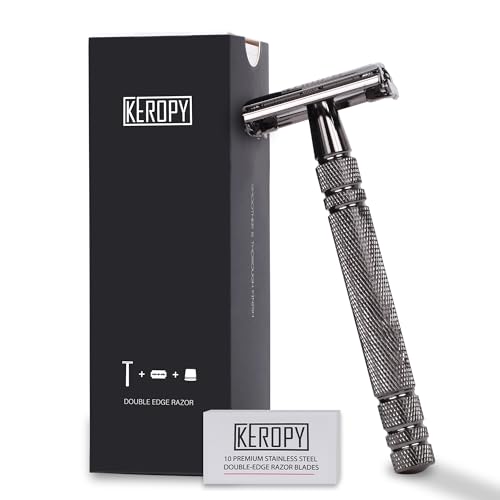Double Edge Safety Razor with 10 Disposable Blades, Butterfly Open Head Features - Washable Reusable Metal Razor, Ergonomic Design Portable Shaving Kit for Beard Shape Up - Gloss Black