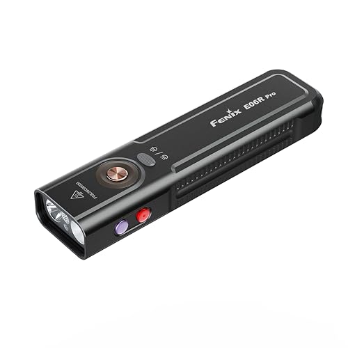 Fenix E06R Pro Black ricaricabile EDC, 1600 lumen, 160 m, max 111 ore, fascio doppio spot & flood, 365 nm UV + puntatore rosso, luce ad anello multicolore, IP66