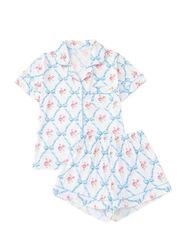 Image of Verdusa Women's 2 Piece Floral Bow Pajama Set Short Sleeve Button Down Shirt and Shorts Set