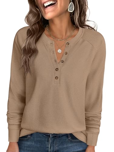 Image of ANRABESS Women's Waffle Knit Henley Top Long Sleeve Shirts