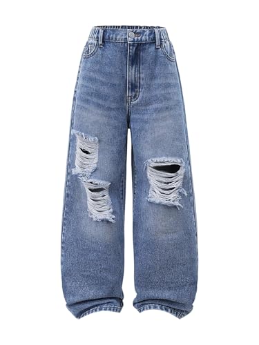 Girl's Y2k Ripped Baggy Jeans Distressed Elastic Waist Straight Leg Denim Pants with Pockets