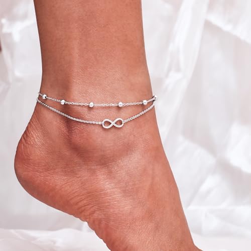 Image of CHIC & ARTSY 925 Sterling Silver Ankle Bracelets for Women, Adjustable Layered Foot Chains with Nature & Symbol Charms, Lightweight Comfort Fit Boho Beach Everyday Jewelry