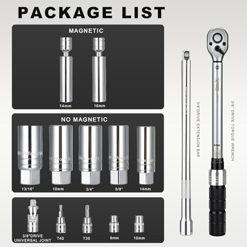 Image of AEROFORCE 14PCS 3 /8 inch Drive Spark Plug Socket Set - Includes 2 Magnetic Sockets (14mm, 16mm) & 5 Rubber-Grip Sockets + Torque Wrench (5-45 Lb.ft), Swivel Joint & Extension Bar - CR-V Steel