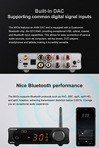 Image of Topping MX3s Amplifier 62W x 2 Class D Power amp Subwoofer Out 700mW x 2 Headphone amp 24-bit /192kHz AKM USB C DAC Bluetooth Support(Black)