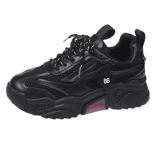 Image of Women's Trainers with Flying Weaving Design Round Head Lace-Up Shoes for Winter Thick Sole Casual Shoes Running Shoes, black, 6 UK