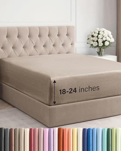 Image of Extra Deep Cal King Fitted Sheet - Single Fitted Sheet - Heathered Beige | Easily Fits 18 inch to 24 inch Mattress, Soft, Wrinkle Free, Breathable & Comfy, Extra Deep Pockets Hotel Luxury Fitted Sheet