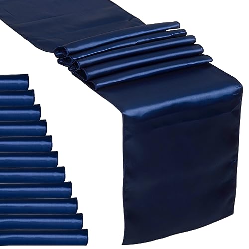 12 Pack Navy Blue Satin Table Runner 12 x 108 Inches Long, Bright Satin Silky Smooth Table Decor for Birthday Party Decorations Wedding Banquets