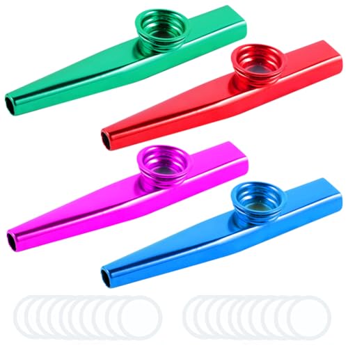 4 Stück Kazoo Instrument Metall Kazoo Musikinstrumente,Kazoo Set,Mini Metall Kazoos mit 20 Austauschbaren Membran für Kinder,Erwachsene und Musikanfänger