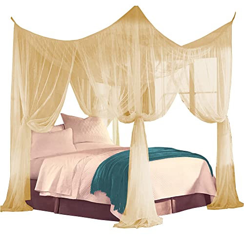 Just Relax Four Corner Post Decorative Elegant Bed Net Canopy Set, Beige, Full/Queen/King...