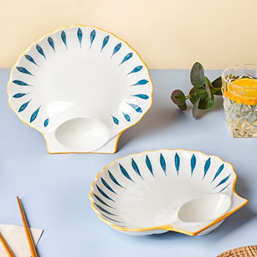 Image of Nestasia Set of 2 Ceramic Shell-Shaped Snack Plate with Dip Section for Chutney | Microwave & Dishwasher Safe Starter Plates | Perfect for Fries, Momos, Sushi, Kebab (White & Blue)