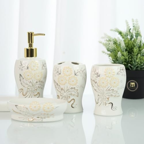 Image of Kookee Ceramic Bathroom Accessories Set of 4 | Soap Dispenser, Toothbrush Holder & Soap Dish | Modern Luxury Bath Essentials for Home - White & Gold (12247)