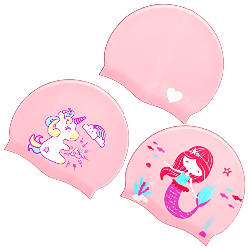 3 Pieces Kids Swim Caps Toddlers Swimming Caps Silicone Swim Cap for Boys Girls (Age 4-12) Baby Waterproof Cartoon Bathing Hats for Long and Short Hair (Girl Style)