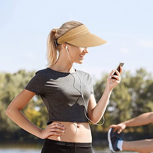 Roniky Women Straw Sun Visor Hat Wide Brim Summer Uv Protection Ponytail Visor Beach Cap Foldable Packable Upf 50+ Khaki #TOP4