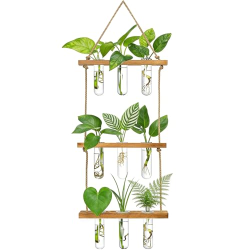 Valyrane Stazione di Propagazione da Appendere con Supporto in Legno a 3 Livelli – Vaso in Vetro Retro per Piante Idroponiche con 9 Provette, Ideale per Decorare Casa, Ufficio e Giardino