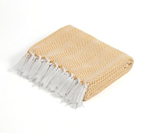 Image of Cotton Herringbone Throw for Sofa & Bed - 125x150 cm (50x60 inches) | Soft Lightweight Decorative Blanket with Tassels | Premium Reversible Yellow & White Sofa Throw