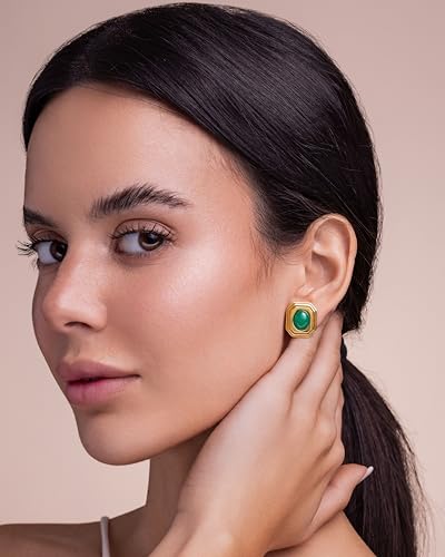 Dainty Square Rectangular Textured Chamfered Green Gold Jade Natural Gemstone Statement Earrings for Women by SNGIA, Small Vintage Button Bold Handmade Natural Retro Trendy Bohemian Jewelry Gifts, Unique Baroque Stone Summer Beach Fashion Stud Earrings Accessories, Nickle Free Huggies Earrings.2