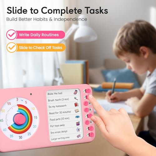 Image of 2-in-1 Visual Timer with Task Board for ADHD & Autism, Dry Erase Chore Chart and Visual Schedule for Kids & Adults, Rainbow Countdown Timer for Classroom, Home, Homeschool (Pink)