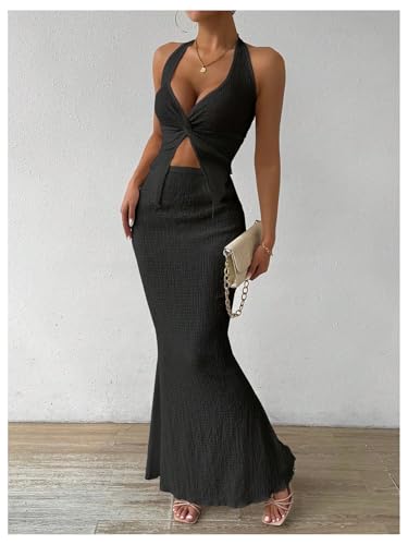 Image of SOLY HUX Women's Two Piece Outfits Twist Front Halter Cami Tops and Skirt Summer Set