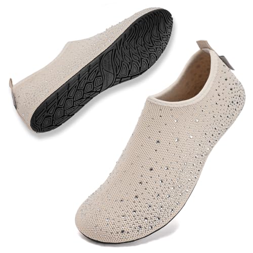 WateLves Womens Barefoot Water Shoes Travel House Slippers for Indoor and Outdoor Aqua Socks for Beach Swim Surf Yoga Dancing Camping Must Haves, Diamond-beige, 7.5-8.5
