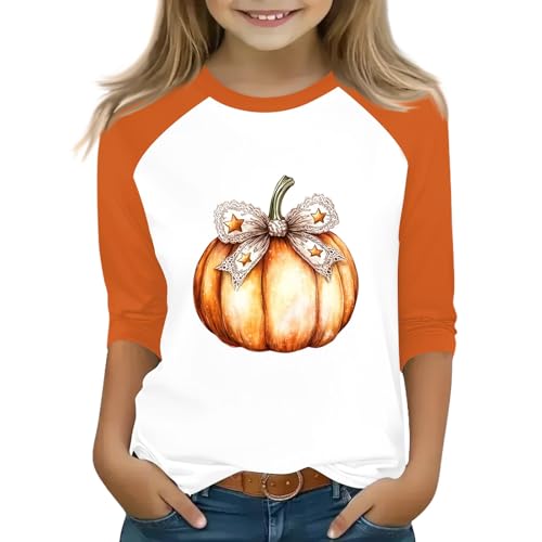 Girls Halloween Pumpkin Raglan T-Shirt Cute 3/4 Sleeve Fall Top Soft Tee with Festive Pumpkin Print for Kids