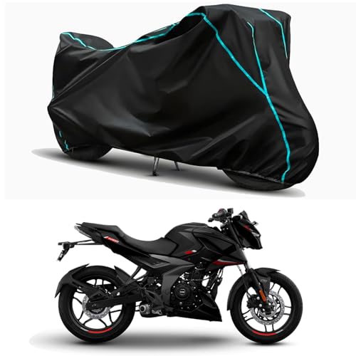Image of Waterproof Bike Body Cover Compatible for | Bajaj Pulsar N160 ABS | Taffeta Fabric, Sky Piping Design, Bottom Elastic Fit | Dustproof, Sun UV & Rain Protection for All Weather.