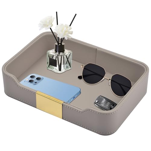 Lujosa Bandeja de Piel para Escritorio,Plateau de Rangement Cuir,Organizador Decorativo,Bandeja,Joyas,Relojes,cosméticos,Llaves,teléfono,Cartera,Gris