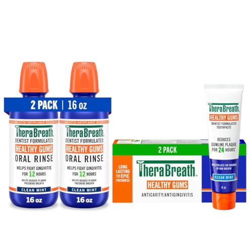 Image of Bundle of TheraBreath Healthy Gums Toothpaste, 4 Oz, (2-Pack) + TheraBreath Healthy Gums Mouthwash, Clean Mint Flavor, Alcohol-Free, 16 oz (Pack of 2)
