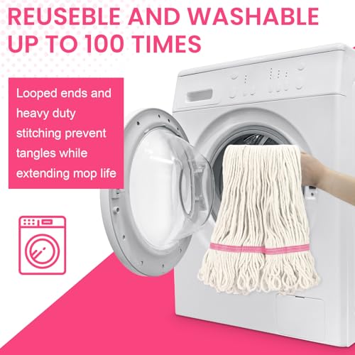 Image of Eccliy 6 Pack Commercial Mop Heads Replacement Heavy Duty 18 oz Loop End Cotton String Wet Mop Refills Washable Absorbent Reusable for Industrial Home Tile Wood Concrete Floor (White,Pink)