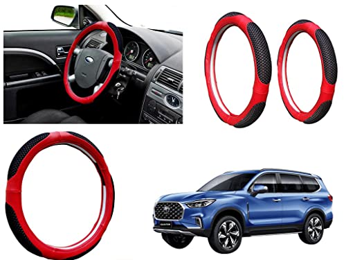 Image of Microfiber Car Steering Wheel Cover, Soft Padding Great Hand Feel, Anti-Slip, Faux Leather Steering Cover for MG Gloster | Black Red Jali - Pack of 1