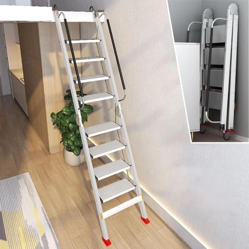 Folding Aluminum Alloy Attic Ladder, Space-Saving Escape Ladder for 5.9-8.8ft Heights, Ideal for Apartments, Basements & Window Wells – Loft Steps (101in/257cm)
