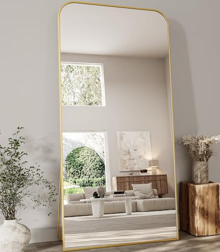 Image of Koonmi Full Length Mirror, 80 inchx36 inch Mirror Full Length with Stand, Gold Domed Top Square-Edged Floor Mirror with Aluminum Alloy Frame for Bedroom Living Room