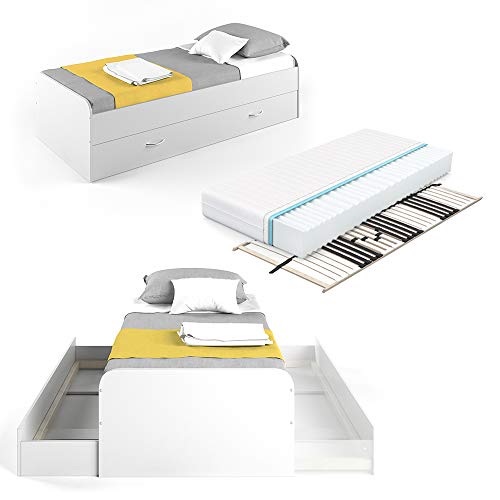 Kojenbett Bett Enzo Jugendbett mit Gästeliege Funktionsbett 90x200 cm (Weiß mit Matratze & Lattenrost)