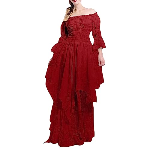 Amxleh Renaissance Kleid Damen Damen Mittelalter Chemise Irisch Boho Lange Kleider Damen Mittelalterliche Halloween Kleid mit Trompetenärmel...