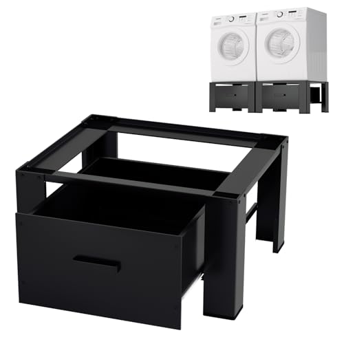 Izrielar Support de machine à laver avec tiroir 62,5 x 54,5 x 32,5 cm, meuble bas pour machine à laver jusqu'à 150 kg, étagère pour machine à laver, socle noir