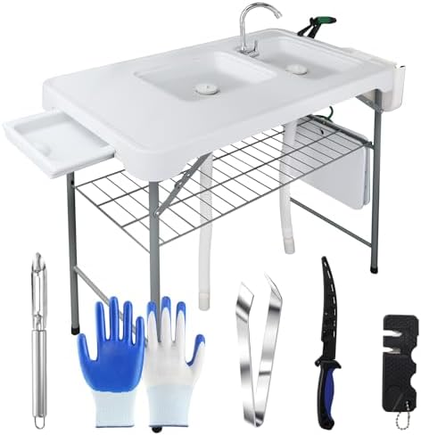 Fish Cleaning Table with 2 Sinks & Grid Rack - 42.5” Outdoor Fish...