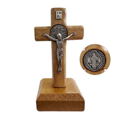 Bovemee San Benito Medalla Wooden Standing Cross Small Crucifix 3 inch/7 inch Jesus Christ Wall Cross for Table or Wall Decor Home Decoration Catholic Gifts (Light Brown 3.0 X1.5 Inch)