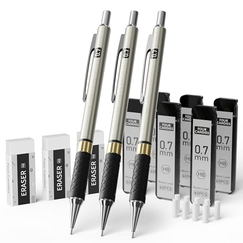 Four Candies Juego de 3 portaminas de metal de 0,7 mm, lápices mecánicos con 360 minas HB, 3 gomas de borrar y estuche, lápices mecánicos para escribir y dibujar para ingenieros