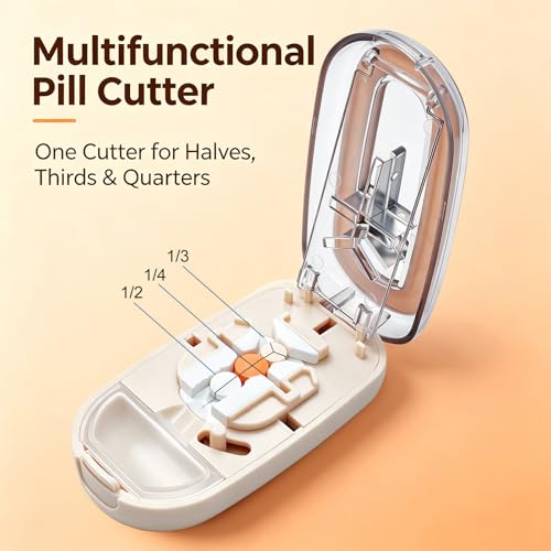 Image of Pill Cutter for Small Tiny and Large Pills, Dual Blade Pill Splitter for Clean and Precise Cuts into 1 /2, 1 /3, 1 /4, with Centering Device, Storage Organizer, Portable & Easy-Grip Design