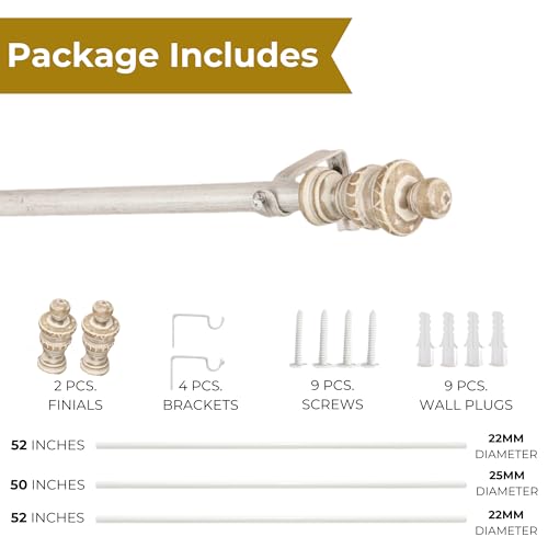 Image of The Decor Mart 52 inch to 144 inch Extendable Curtain Rod |1 inch Curtain Rods for Door & Windows Adjustable Iron Telescopic Drapery Bar with Wooden Finials | Distressed White